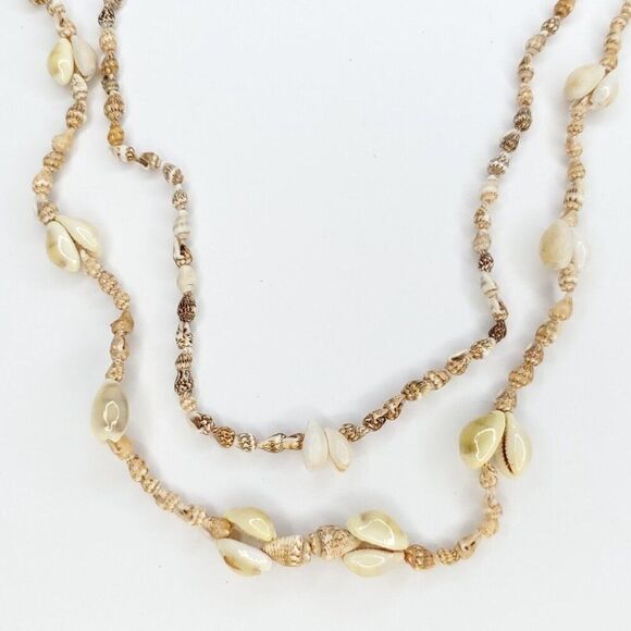2 Long Puka Conch Cowrie Shell Necklace Ivory Brown Boho Beach Cruise Hawaii C1 - Picture 2 of 5